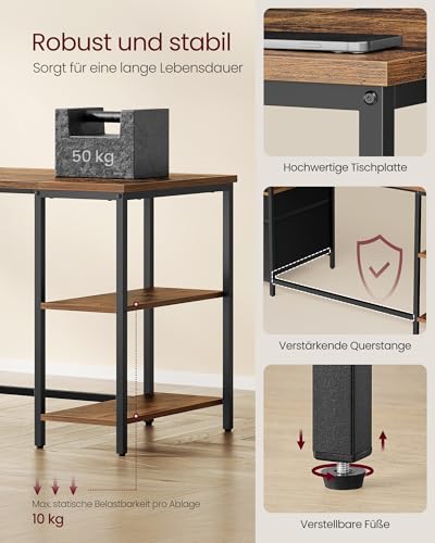 VASAGLE Computertisch, Bürotisch, Schreibtisch, mit 3 Ablagen, 2 Schubladen, 160 x 60 x 76 cm, fürs Büro, Wohnzimmer, Industrie-Stil, vintagebraun-schwarz LWD105K01