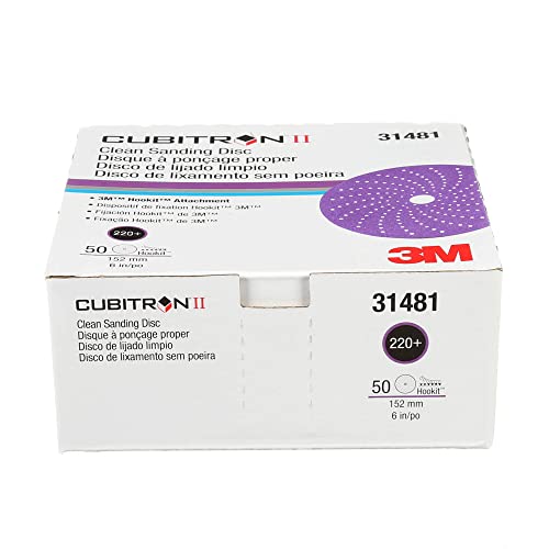 Cubitron 3M II Hookit Clean Sanding Abrasive Disc 31481, 6 in, 220+ Grade, Pack of 50 Discs, Virtually Dust-Free, High Performance, Long Lasting, Multi-Hole Pattern, Feather Edging, Stock Removal