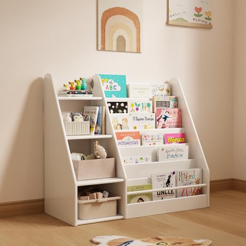 Image of Solid Wood Kids Bookshelf and Storage Organizer, 7 Layer Children Bookcase, Baby Toddler Wooden Book Shelf, Display Cabinet for Playroom, Bedroom, Classroom, Nursery, School, White