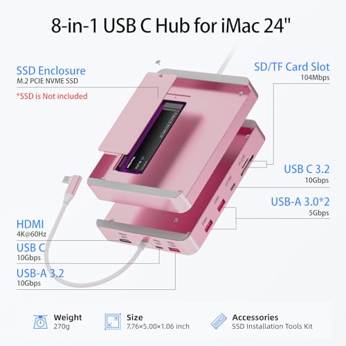 Image of 8-in-1 USB-C Hub for 24-inch iMac (2024 /2023 /2021), M.2 SSD Expansion, 10Gbps USB-A /C 3.2, 4K HDMI, SD /TF - Docking Station for iMac M1, M3, M4 (SSD Not Included)