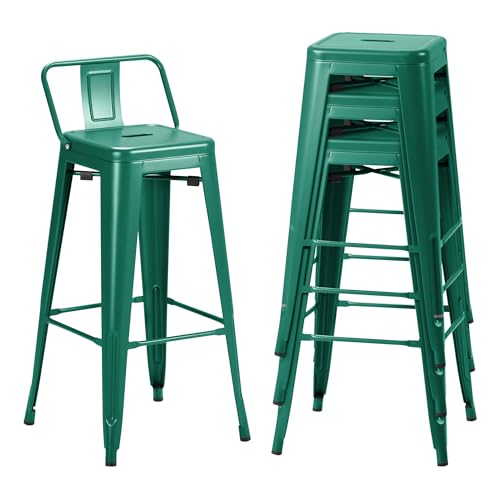 Butacos metálicos Shahoo de 30 pulgadas con respaldo, apilables, para barra y mostrador, estilo industrial, para interior y exterior, juego de 4 (verde)