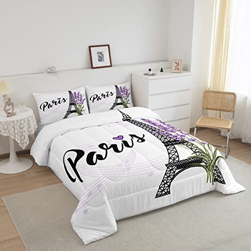 Eiffel Tower Comforter Set Purple Lavender Flowers Print Bedding Set, Romantic Paris City Floral Style Decor For Kids Girls Boys Teens, Queen Size 3Pcs Polyester Quilt Duvet For Dorm Bedroom #TOP2