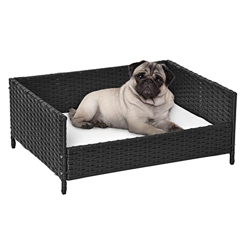 Pawhut Rattan Pet Bed Raised Wicker Dog House Small Animal Sofa Indoor & Outdoor With Soft Washable Cushion Black #TOP29