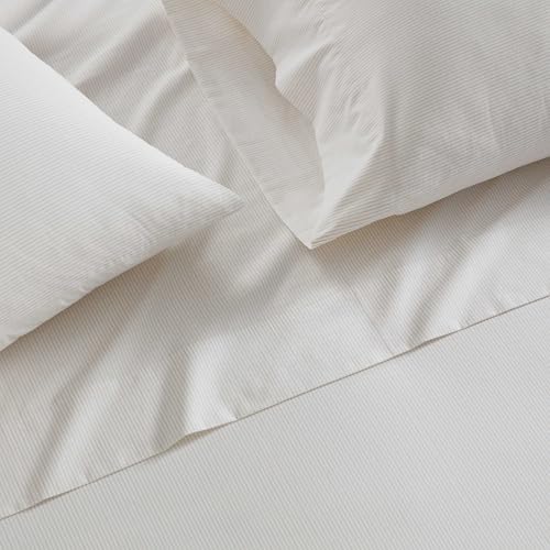 Image of Martha Stewart - Queen Size Sheets Set, Crisp & Tailored Cooling Sheets w /a Naturally Smooth Cotton Percale Lightweight Feel - Bed Sheets with Matching Pillowcases & Fitted Sheet (Stripe White)