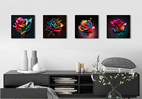 Colorful Rose Wall Art Abstract Graffiti Rainbow Flower Canvas Prints Pictures Bedroom Decor 12x12" 4 Pcs Modern Watercolor Black Background Paintings Artwork for Living Room Bathroom Home Decorations by AREBOLO - Used condition - Image 5