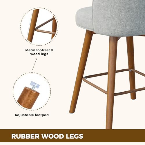 Image of Modern Swivel Bar Stools Set of 2, Chic Upholstered Counter Height(26IN) Bar Chair with Back, Solid Wood Legs and Footrest, Comfortable Chenille Bar Stool for Kitchen Island, Dove Grey