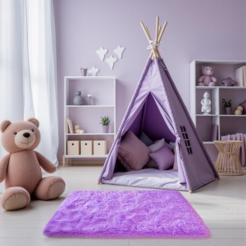 Purple Area Rugs for Bedroom Living Room, 2x3 Soft Fluffy Fuzzy Shag Plush Furry Carpet, Large Indoor Floor Mat for Kids Nursery Home Dorm Office Decor Aesthetic