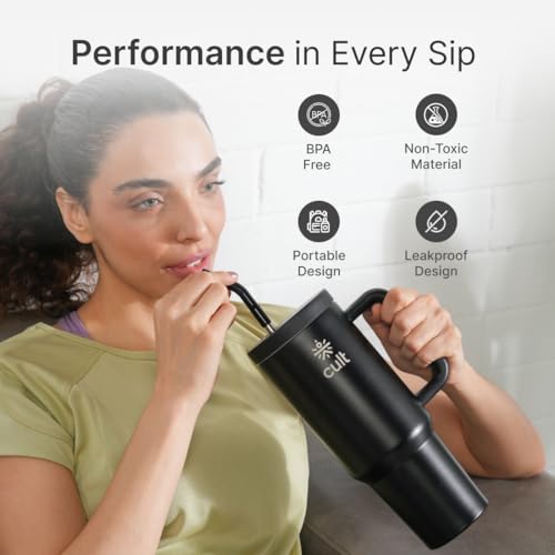 Image of Cult 1200ml Stainless Steel Insulated Tumbler with Handle, Straw & Cleaner Double Wall Vacuum Bottle for Hot & Cold Drinks Leakproof Travel Mug Reusable for Gym, Office & Travel Black