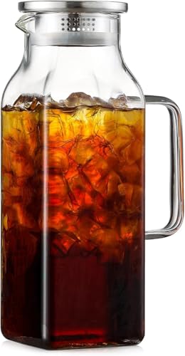 2 Liter Square Glass Pitcher with Lid and Spout Water Pitchers with Handle for Fridge Borosilicate Glass Carafe for Hot/Cold Drink Large Jug for Iced Tea Coffee Juice Milk Beverage (1)