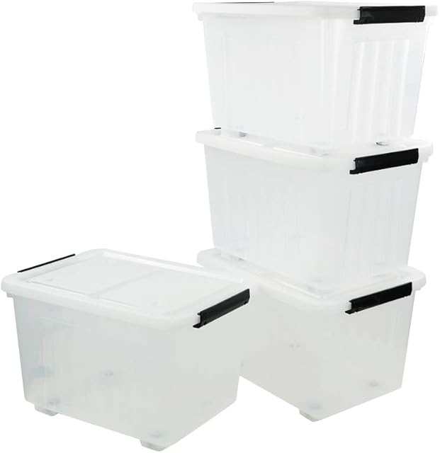 Callyne Set of 4 Clear Plastic Storage Bins with Lid, 42 L Large Plastic Storage Box