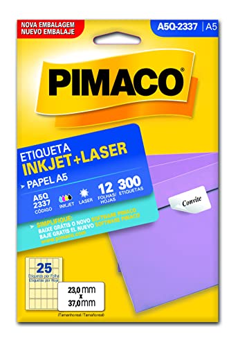 Etiqueta Adesiva Pimaco, Ink-Jet/Laser A5, A5-Q2337E, Branca, 23x37mm, Envelope com 12 fls-300 etiqu
