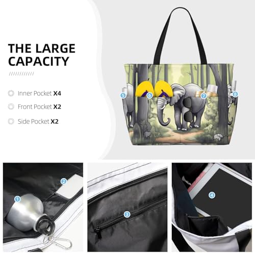 Walking elephant Large Capacity Beach Travel Bag, Foldable Beach Bag with Zipper, Great for Grocery Bag Pool Gym Travel Shopping3