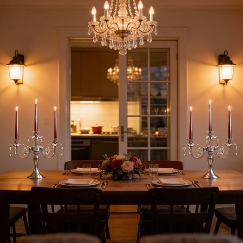 Image of Metal 3 Arm Taper Candlestick Stand with Crystal Pendants - 11.8 Inch Tall Candle Holders, Elegant Centerpieces Candelabra for Wedding, Dining Table, Christmas Party (6Pcs, Silver)