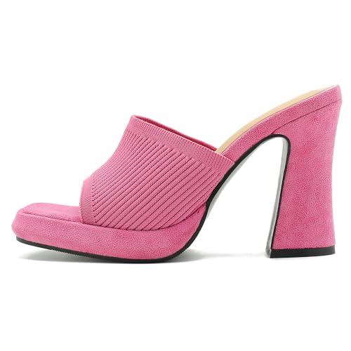 Image of Women's Knit Platform Mule Sandals, Square Toe, Block Heel Slip-On Slides, Chunky High Heel Summer Shoes