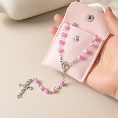 Rosary Beads Catholic for Women - Confirmation Gifts for Teenage Girl, Plum Blossom Bead Artificial Pearl Rosary Beads with Pink Velvet Pouch3
