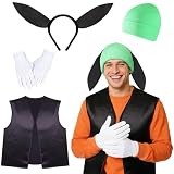 Disfraz Perro para Adulto, Personaje de Dibujos Animados, Diadema con Orejas para Hombre, Gorro Verde, Chaleco Negro, Guantes Blancos, Halloween Accesorios Pelo Fiesta Cosplay Carnaval Disfraz Adulto