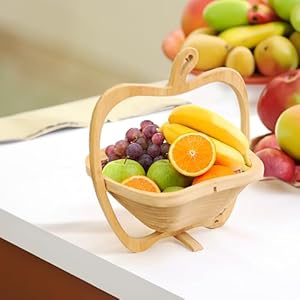 Royalhouse bamboo foldable fruit bowl apple shape fruit vegetable storage for kitchen countertop bamboo fruit basket tabletop fruit serving bowl large size  urban country home decor