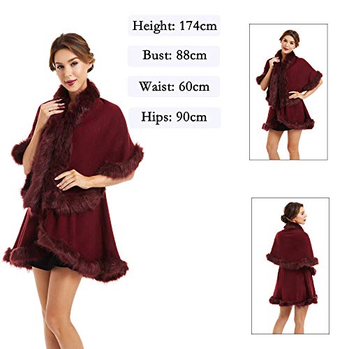 ZLYC Women Fine Knit Open Front Faux Fur Trim Layers Poncho Cape Cardigan Sweater (Dark Red)