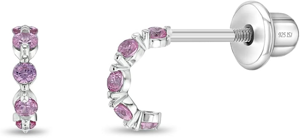In Season Jewelry Pink Cubic Zirconia Half Hoop Kids Earrings - 925 Sterling Silver Hypoallergenic Earrings for Girls with Secure Screw Backs - Safe & Comfortable for Toddlers, Kids & Little Girls