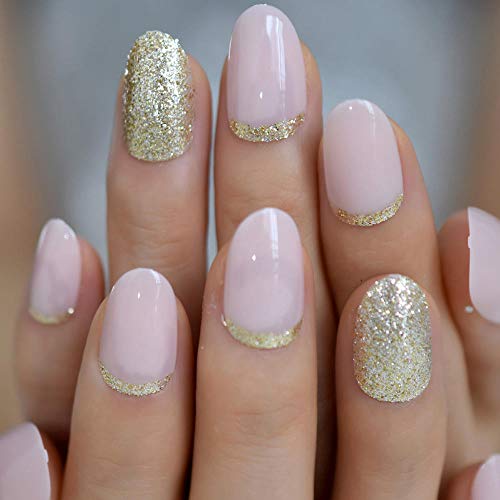 MXLYR Künstliche Nägel Hellrosa ovale gefälschte Nägel Täglicher Stil Gold Glitter Kurze Nagelkunst-Tipps Drücken Sie… – Bild 4