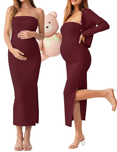 QUNISY 2 Piece Strapless Maternity Dress & Cardigan Set for Baby Shower