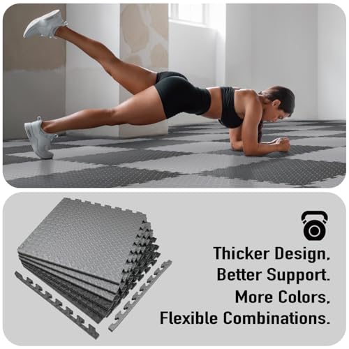 AIRHOP Upgraded 0.79\" Extra Thick 48 Sq Ft High-Density Eva Foam Exercise Gym Mats, 12 Pcs Large Interlocking Puzzle Floor Tiles (24\"x24\") for Home Gym, Black&Gray