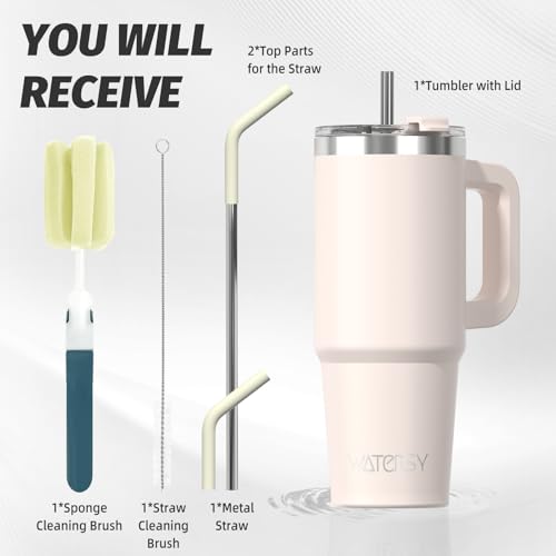 Image of 30 oz Tumbler with Handle,Tumbler with Lid and Straw,Double Wall Insulated Cup Stainless Steel Travel Mug(Cold for 34 Hours),Water Bottle for Iced Tea,Coffee,Cold Beverages(Ivory Beige)