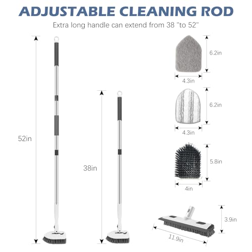 Image of SetSail 4-in-1 Tile Tub Floor Scrubber with 52-inch Adjustable Long Handle Shower Cleaner Brush Comes with Floor Scrub Brush and 3 Replacement Brush Heads for Cleaning Bathroom Tub Tile, White Grey