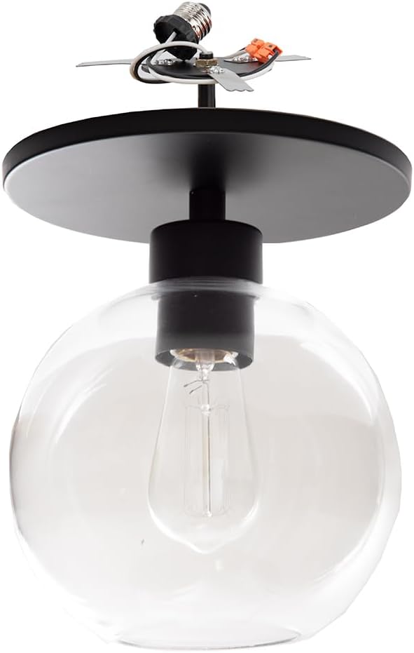 Worth Home Products Instant Flush Mount Conversion Kit for Recessed Cans – Matte Black with Clear Glass Globe Shade – Converts 6" Recessed Lighting, Ideal for Low Ceilings