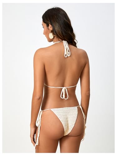 MakeMeChic Women's Bikini Sets Crochet 3D Floral Halter Tie Back Boho Bathing Suit2