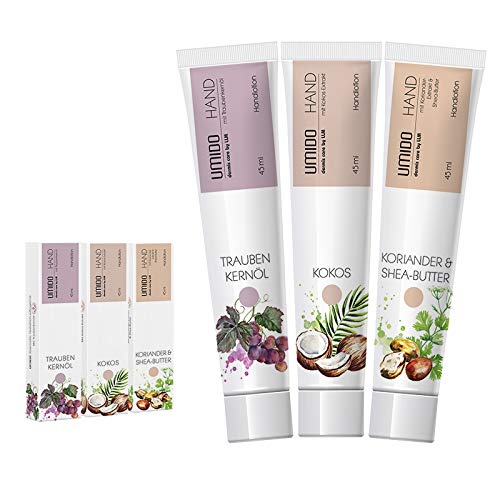 UMIDO 3 Stück Set Hand-Lotion Set 45 ml | 1x Traubenkernöl | 1x Kokos | 1x Koriander & Shea-Butter | Handcreme | Pflegecreme | Hand-Pflege | Handcreme Set