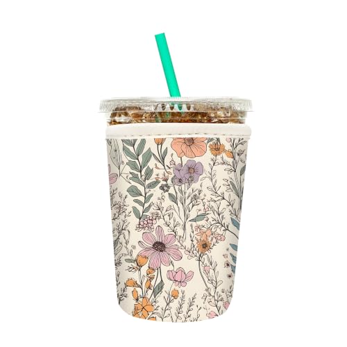 Image of Insulated Neoprene Cup Sleeve for Iced Coffee & Cold Soda - Reusable & Sweatproof, Keeps Drinks Cold Longer, Coffee Coolie for Hot & Iced Drinks (Wildflowers, Small: 16-18oz)