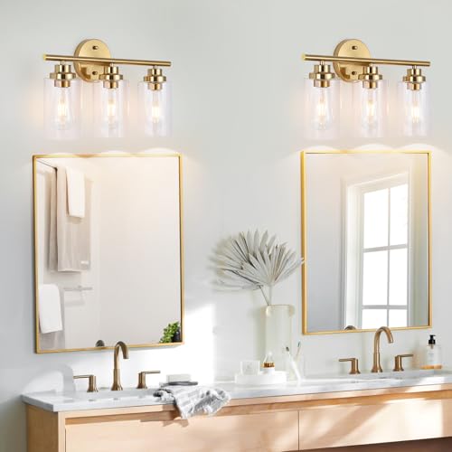 Image of 3-Light Bathroom Light Fixtures, Gold Modern Vanity Light with Clear Glass Shade, Bathroom Lighting Fixtures Over Mirror, Bathroom Wall Lamp for Mirror Living Room Bedroom Kitchen Hallway