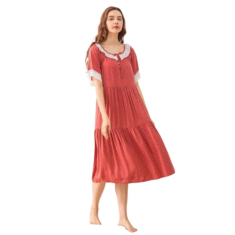 OFFSUM Camicia da Notte Donna - Lingerie da Notte in Pizzo di Cotone Ricamato Stile Coreano Temperamento Estivo Abbigliamento Casual per La Casa di Grandi Dimensioni in Tinta Unita
