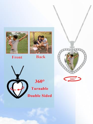 Zysta Personalized Picture Necklace Love Heart Double Sided Photo Custom Memory Pendant Full Color Photo Engraved Rotating Necklace Hip Hop Jewelry for Men Women3