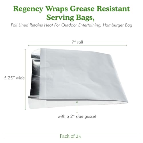 Regency Wraps Grease Resistant Snack Serving Bags, Foil Lined, Pack of 25 For Burgers, Sandwiches, Panini's, Pitas, Insulated to Keep food Warm