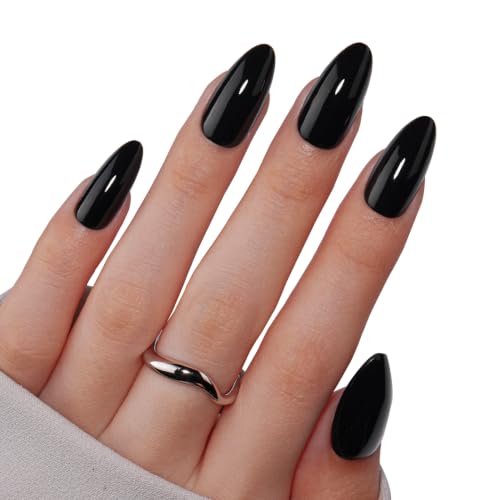 VSALON Almond Medium Press on Nails, Glossy Black Finish Clean Look Reusable False Nails, Salon Quality Gel Fake Nails Kit with Nail Adhesive Tabs & Cuticle Oil - 32 pcs Nails in 16 Sizes