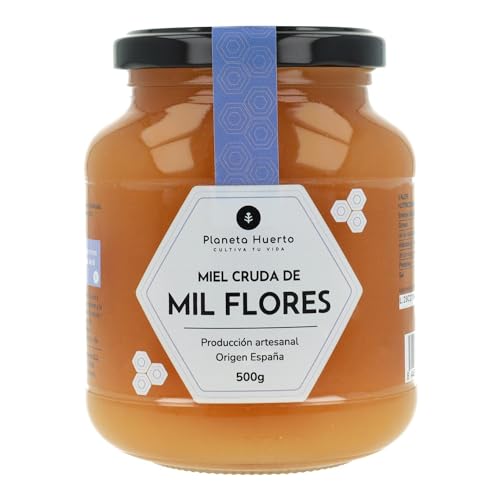 PLANETA HUERTO | Miel Cruda de Mil Flores 500 gr 100% Natural y Artesanal Sin Filtrar ni Pasteurizar - Miel Cruda Origen España con Polinización Silvestre de Fabáceas, Zarzas, Crucíferas y Labiadas