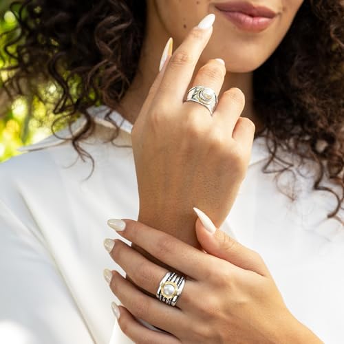 JEAN RACHEL JEWELRY Mixed Metal Two Tone Ring for Women – Pearl Hammered – 925 Sterling Silver & 14K Gold Over Silver – White Freshwater Pearl Statement Ring – Hypoallergenic Design by JEAN RACHEL JEWELRY - Image 5
