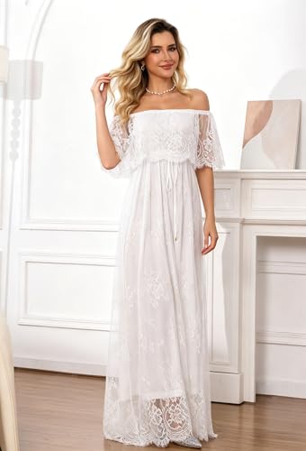 Image of HOYISHION Women's Off The Shoulder Floral Lace Maxi Dress White Bridesmaid Wedding Party Maternity Photoshoot Long Dresses