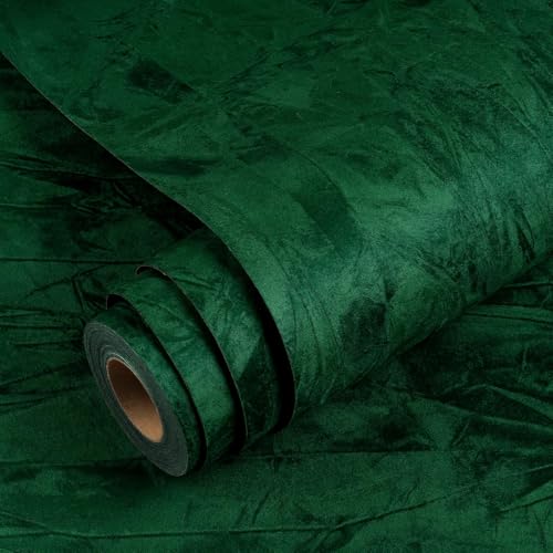 YENHOME Emerald Green Peel and Stick Wallpaper 17.7X118 Green Wallpaper Stick and Peel Vintage Felt Fabric Wall Paper for Bedroom Velvet Flocking Liner Velvet Contact Paper for Cabinets