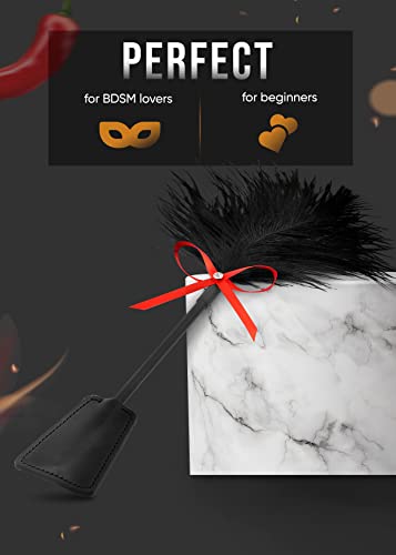 MALINERO Leather Crop Black Whip Feather Luxury Sensual Play Set - Whip, Crop, and Feather for Adventures