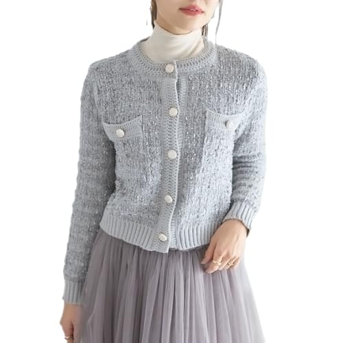 [ROSELUCA.] カーディガン レディース 【ツイード風】 ニット ジャケット ショート 長袖 秋 冬 ポケット きれいめ ボレロ 上着 前開き 薄手 シングルブレスト 若見え 体型カバー デイリー グレー - ROSELUCA. - 商品画像