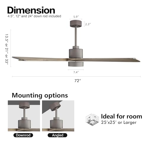 WINGBO 72 Inch DC Ceiling Fan with Lights and 3 Downrods, 5 Reversible Carved Wood Blades, 6-Speed Noiseless DC Motor, Large Ceiling Fan in Graphite Finish with Gray Blades, ETL Listed - Image 4