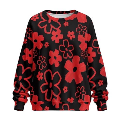 xixirimido Red Hippie Floral Oversized Sweatshirt for Women, Soft Loose Fitting Pullover with Round Neck for Lounge, Leisure
