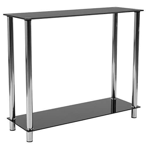 Flash Furniture Riverside Collection Black Glass Console Table with Shelves and Stainless Steel Frame