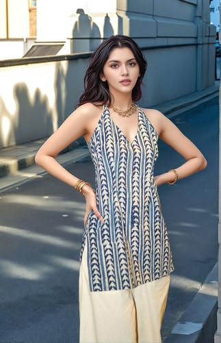 Image of Women's Indigo Hand Block Printed Halter Neck Tunic Top - Sleeveless reyon Kurti for Casual, Beach & Summer Wear