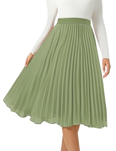 Women's Midi Skirt Elastic High Waist Pleated Skirt Knee Length Swing A-Line Casual Flowy Skirts 2025 Green, XS