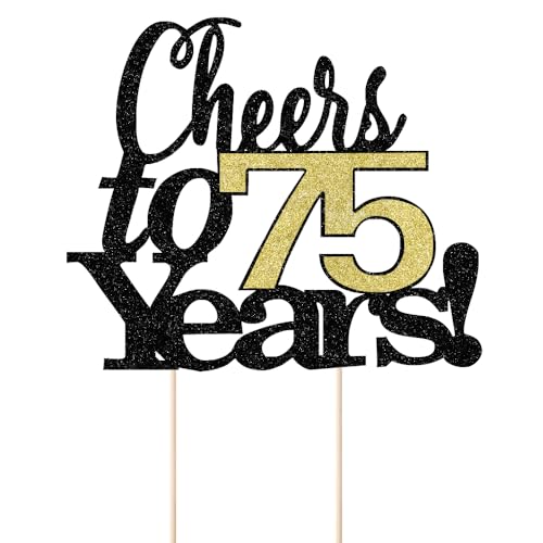 LVEUD Black Font Golden Numbers Cheers to 75 Years Happy Birthday Cake Topper -Wedding,Anniversary,Birthday Party Decorations (75th)