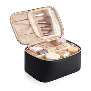 HBlife Travel Makeup Bag Portable Cute Leather Cosmetic Bag Large Make Up Bag Makeup Case Organizer Toiletry Bag for Women Girls with Handle and Removable Divider(Black)